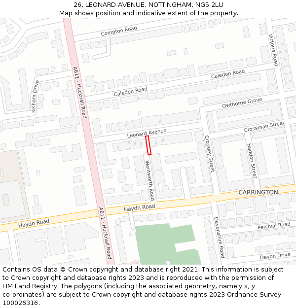 26, LEONARD AVENUE, NOTTINGHAM, NG5 2LU: Location map and indicative extent of plot