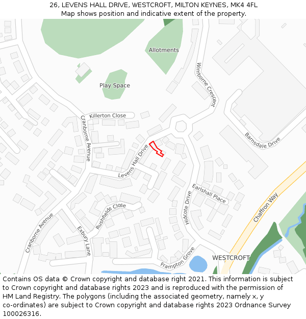 26, LEVENS HALL DRIVE, WESTCROFT, MILTON KEYNES, MK4 4FL: Location map and indicative extent of plot