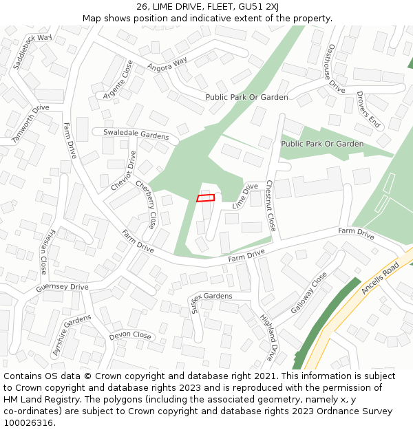 26, LIME DRIVE, FLEET, GU51 2XJ: Location map and indicative extent of plot