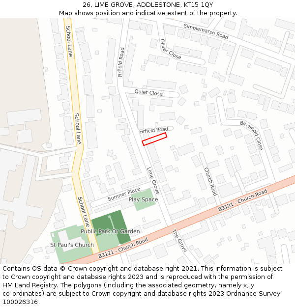 26, LIME GROVE, ADDLESTONE, KT15 1QY: Location map and indicative extent of plot