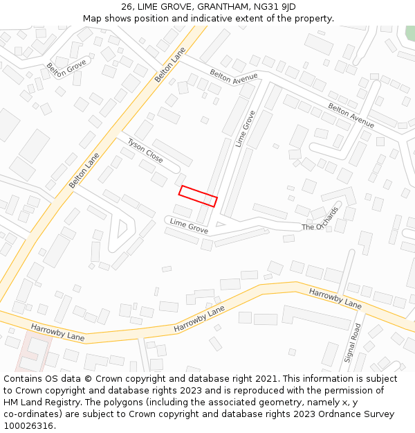 26, LIME GROVE, GRANTHAM, NG31 9JD: Location map and indicative extent of plot