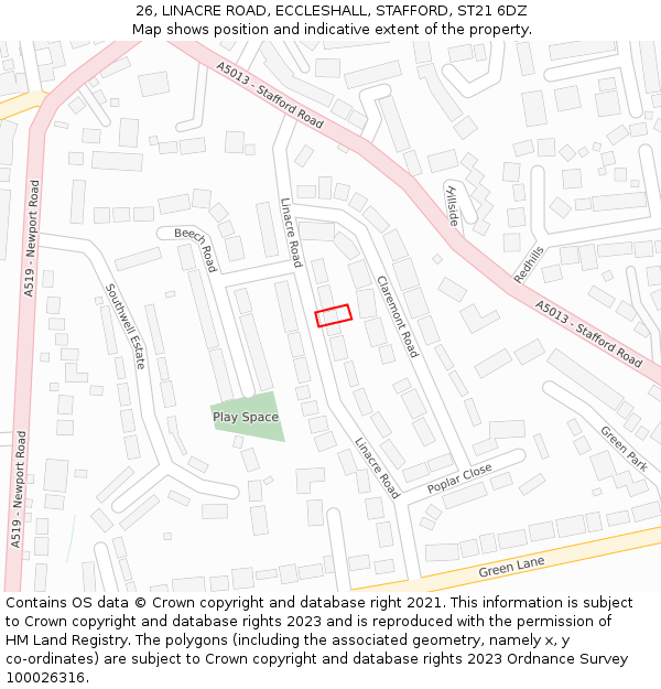 26, LINACRE ROAD, ECCLESHALL, STAFFORD, ST21 6DZ: Location map and indicative extent of plot