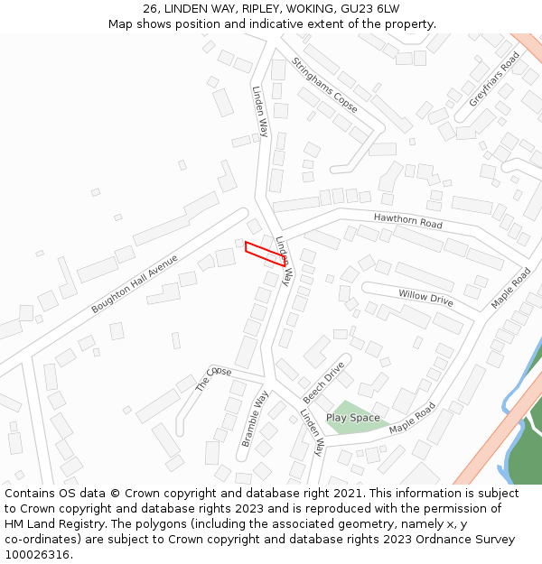 26, LINDEN WAY, RIPLEY, WOKING, GU23 6LW: Location map and indicative extent of plot