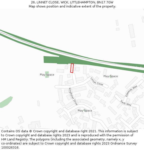 26, LINNET CLOSE, WICK, LITTLEHAMPTON, BN17 7GW: Location map and indicative extent of plot