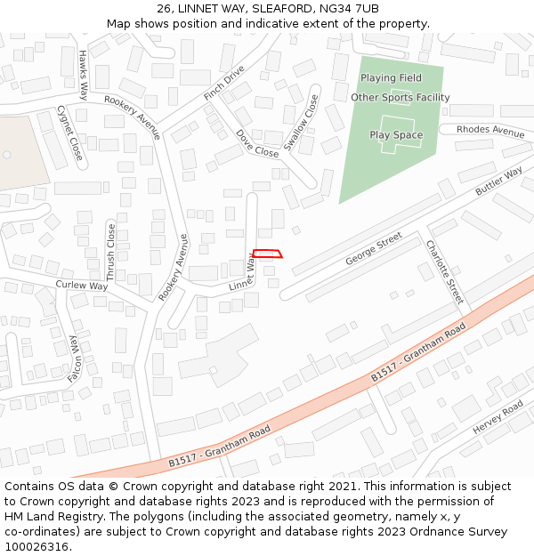 26, LINNET WAY, SLEAFORD, NG34 7UB: Location map and indicative extent of plot