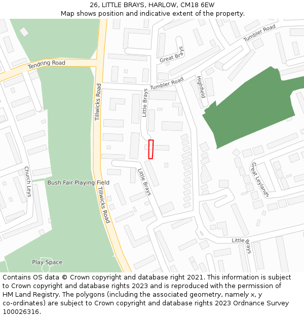 26, LITTLE BRAYS, HARLOW, CM18 6EW: Location map and indicative extent of plot