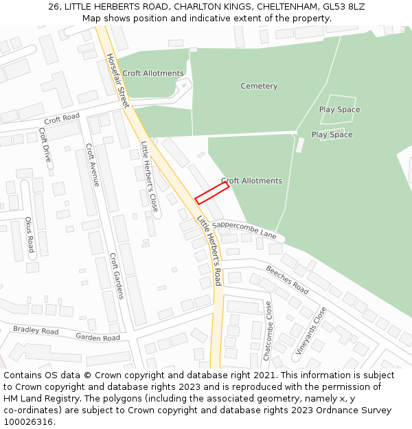 26, LITTLE HERBERTS ROAD, CHARLTON KINGS, CHELTENHAM, GL53 8LZ: Location map and indicative extent of plot