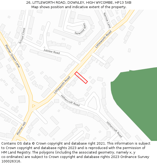 26, LITTLEWORTH ROAD, DOWNLEY, HIGH WYCOMBE, HP13 5XB: Location map and indicative extent of plot