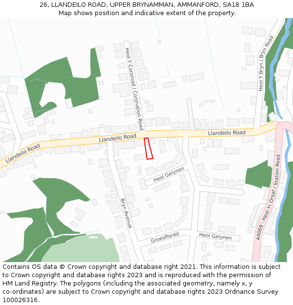 26, LLANDEILO ROAD, UPPER BRYNAMMAN, AMMANFORD, SA18 1BA: Location map and indicative extent of plot