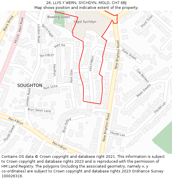 26, LLYS Y WERN, SYCHDYN, MOLD, CH7 6BJ: Location map and indicative extent of plot