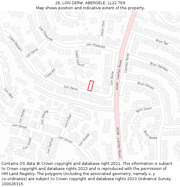 26, LON DERW, ABERGELE, LL22 7EA: Location map and indicative extent of plot