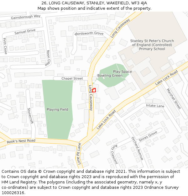 26, LONG CAUSEWAY, STANLEY, WAKEFIELD, WF3 4JA: Location map and indicative extent of plot