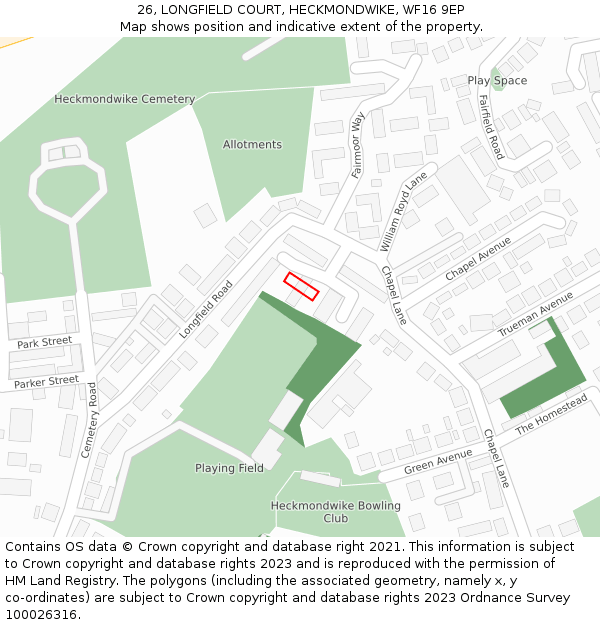 26, LONGFIELD COURT, HECKMONDWIKE, WF16 9EP: Location map and indicative extent of plot