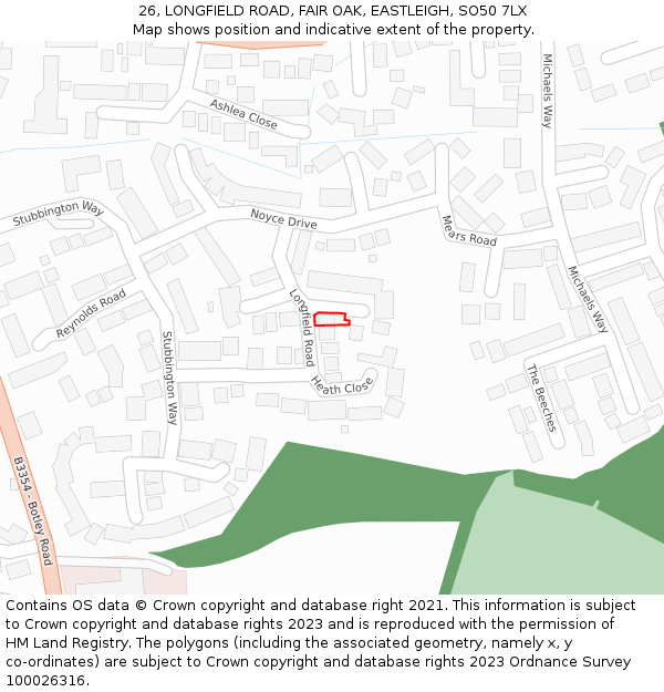 26, LONGFIELD ROAD, FAIR OAK, EASTLEIGH, SO50 7LX: Location map and indicative extent of plot