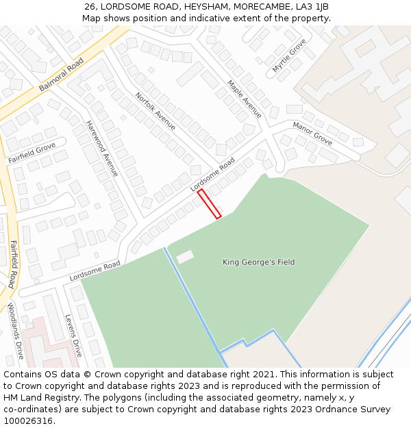 26, LORDSOME ROAD, HEYSHAM, MORECAMBE, LA3 1JB: Location map and indicative extent of plot