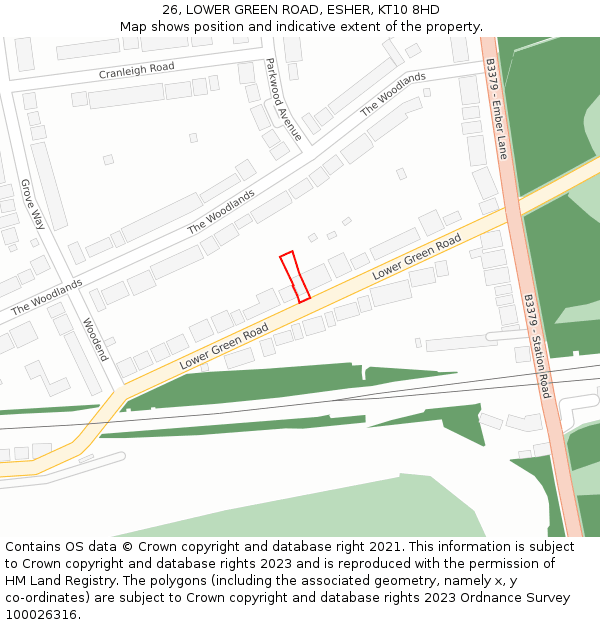 26, LOWER GREEN ROAD, ESHER, KT10 8HD: Location map and indicative extent of plot