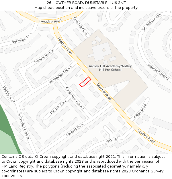 26, LOWTHER ROAD, DUNSTABLE, LU6 3NZ: Location map and indicative extent of plot