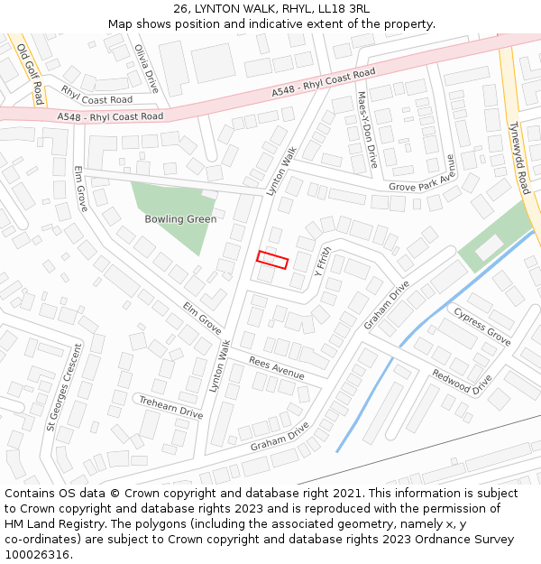 26, LYNTON WALK, RHYL, LL18 3RL: Location map and indicative extent of plot