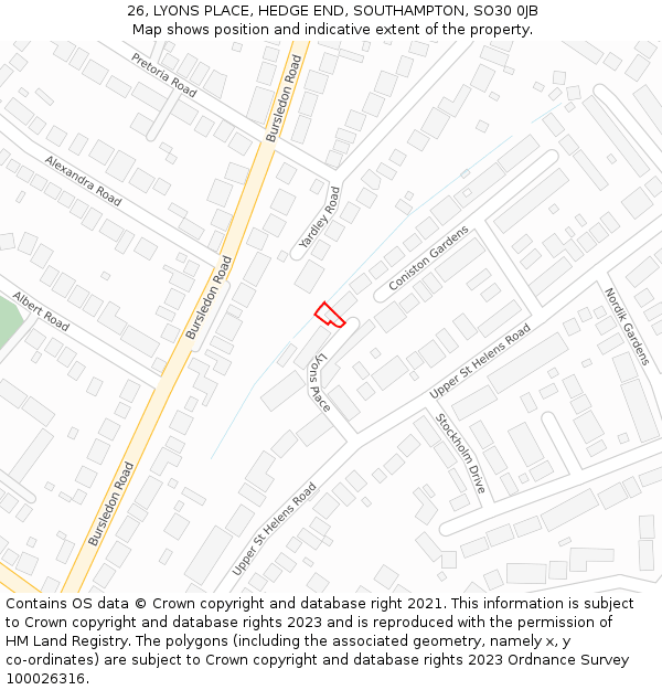 26, LYONS PLACE, HEDGE END, SOUTHAMPTON, SO30 0JB: Location map and indicative extent of plot