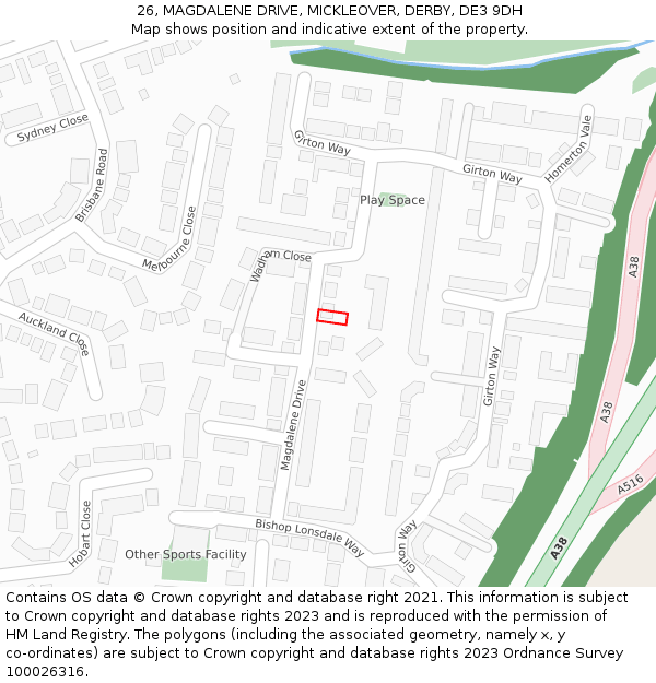 26, MAGDALENE DRIVE, MICKLEOVER, DERBY, DE3 9DH: Location map and indicative extent of plot