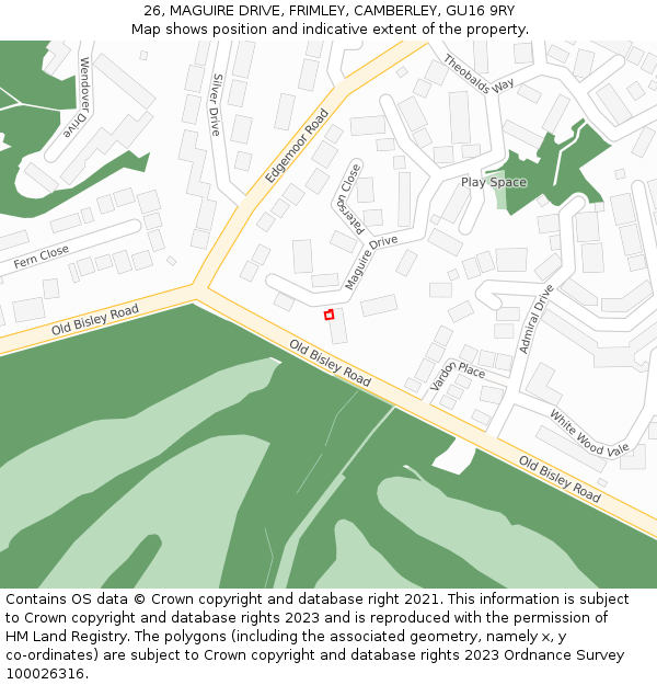 26, MAGUIRE DRIVE, FRIMLEY, CAMBERLEY, GU16 9RY: Location map and indicative extent of plot