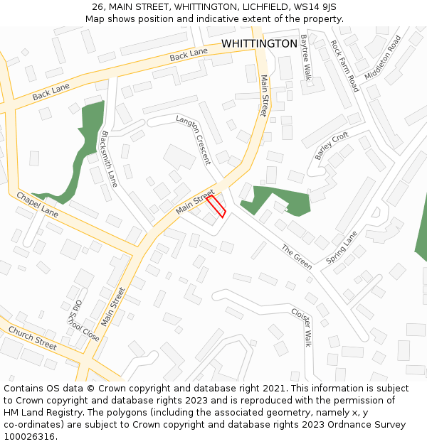 26, MAIN STREET, WHITTINGTON, LICHFIELD, WS14 9JS: Location map and indicative extent of plot