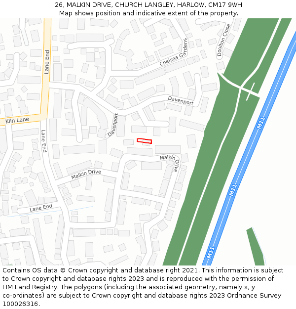 26, MALKIN DRIVE, CHURCH LANGLEY, HARLOW, CM17 9WH: Location map and indicative extent of plot