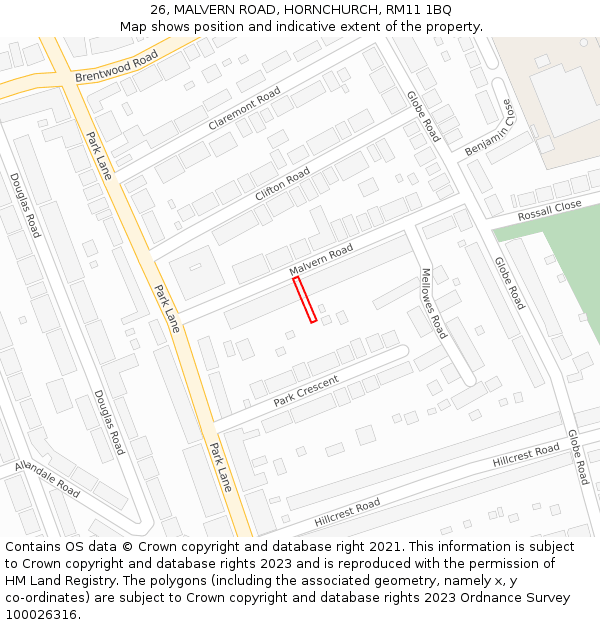 26, MALVERN ROAD, HORNCHURCH, RM11 1BQ: Location map and indicative extent of plot