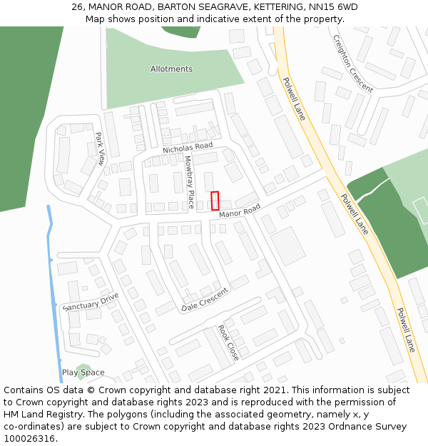 26, MANOR ROAD, BARTON SEAGRAVE, KETTERING, NN15 6WD: Location map and indicative extent of plot