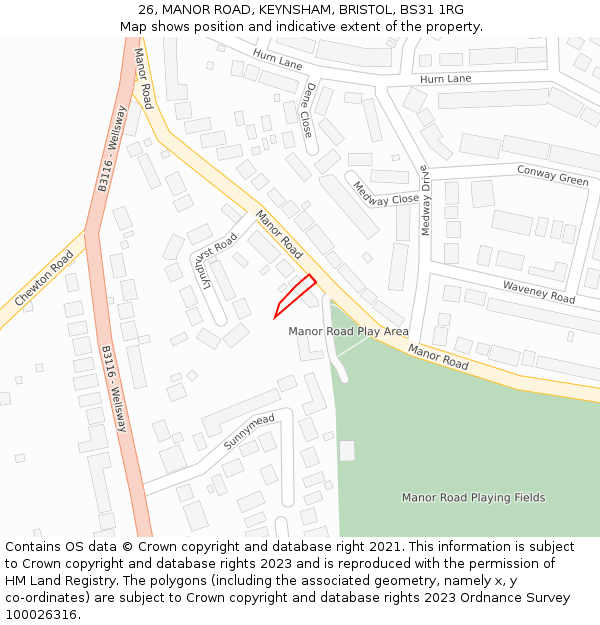 26, MANOR ROAD, KEYNSHAM, BRISTOL, BS31 1RG: Location map and indicative extent of plot