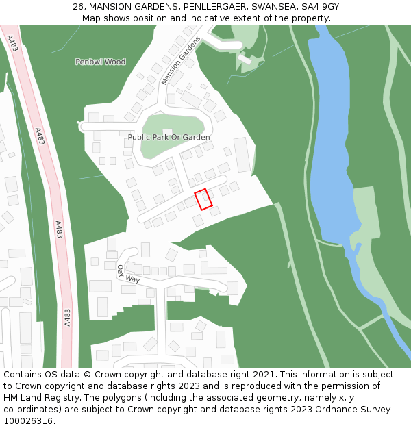 26, MANSION GARDENS, PENLLERGAER, SWANSEA, SA4 9GY: Location map and indicative extent of plot