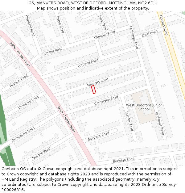 26, MANVERS ROAD, WEST BRIDGFORD, NOTTINGHAM, NG2 6DH: Location map and indicative extent of plot