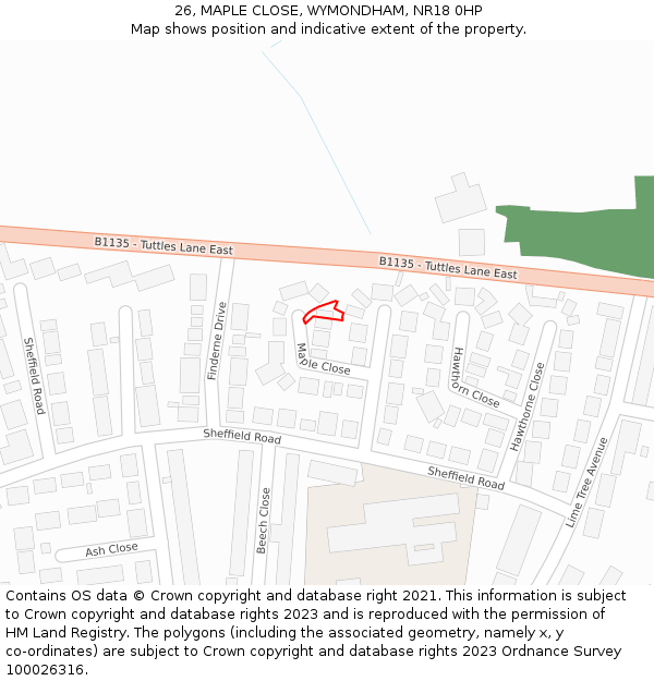 26, MAPLE CLOSE, WYMONDHAM, NR18 0HP: Location map and indicative extent of plot