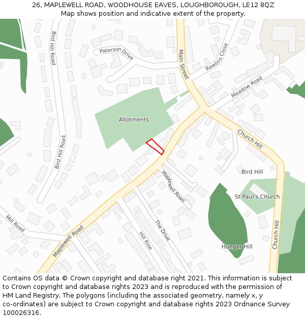 26, MAPLEWELL ROAD, WOODHOUSE EAVES, LOUGHBOROUGH, LE12 8QZ: Location map and indicative extent of plot