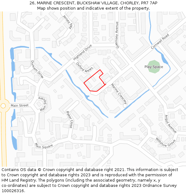 26, MARINE CRESCENT, BUCKSHAW VILLAGE, CHORLEY, PR7 7AP: Location map and indicative extent of plot