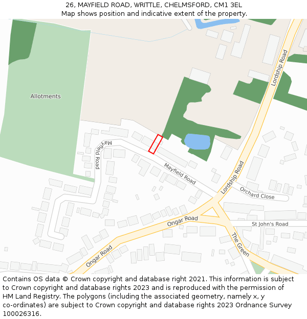 26, MAYFIELD ROAD, WRITTLE, CHELMSFORD, CM1 3EL: Location map and indicative extent of plot