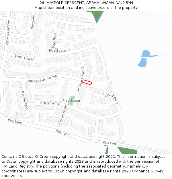 26, MAYPOLE CRESCENT, ABRAM, WIGAN, WN2 5YN: Location map and indicative extent of plot