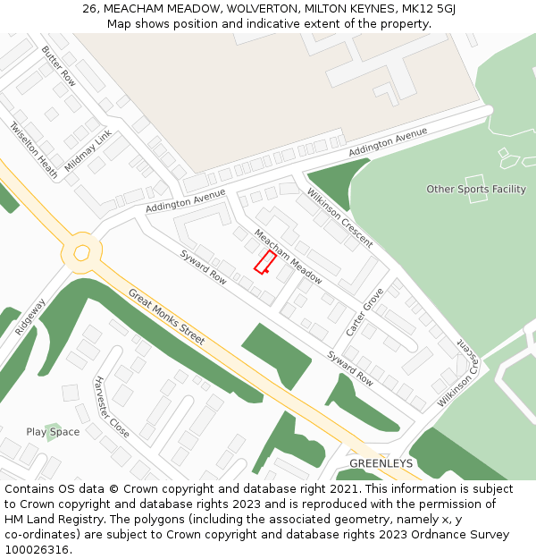 26, MEACHAM MEADOW, WOLVERTON, MILTON KEYNES, MK12 5GJ: Location map and indicative extent of plot