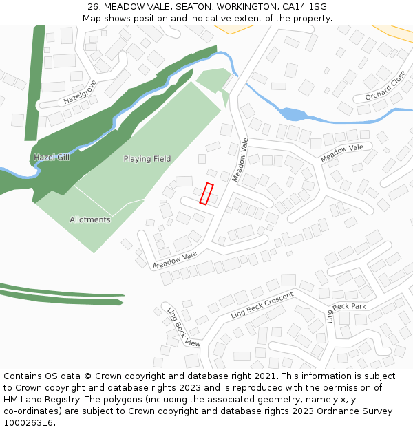 26, MEADOW VALE, SEATON, WORKINGTON, CA14 1SG: Location map and indicative extent of plot