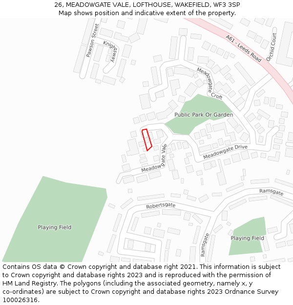 26, MEADOWGATE VALE, LOFTHOUSE, WAKEFIELD, WF3 3SP: Location map and indicative extent of plot