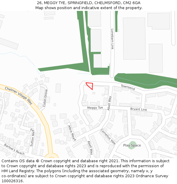 26, MEGGY TYE, SPRINGFIELD, CHELMSFORD, CM2 6GA: Location map and indicative extent of plot