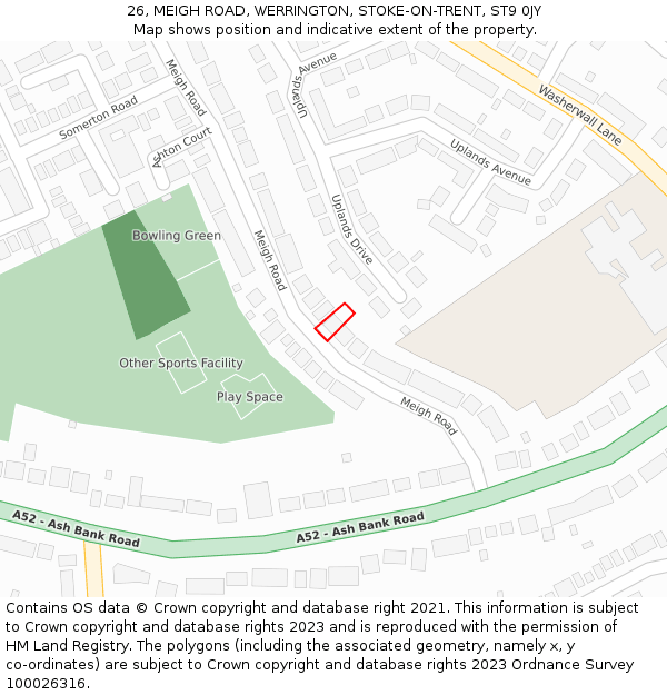 26, MEIGH ROAD, WERRINGTON, STOKE-ON-TRENT, ST9 0JY: Location map and indicative extent of plot