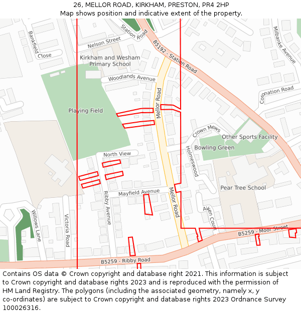 26, MELLOR ROAD, KIRKHAM, PRESTON, PR4 2HP: Location map and indicative extent of plot