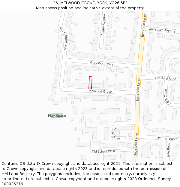 26, MELWOOD GROVE, YORK, YO26 5RF: Location map and indicative extent of plot