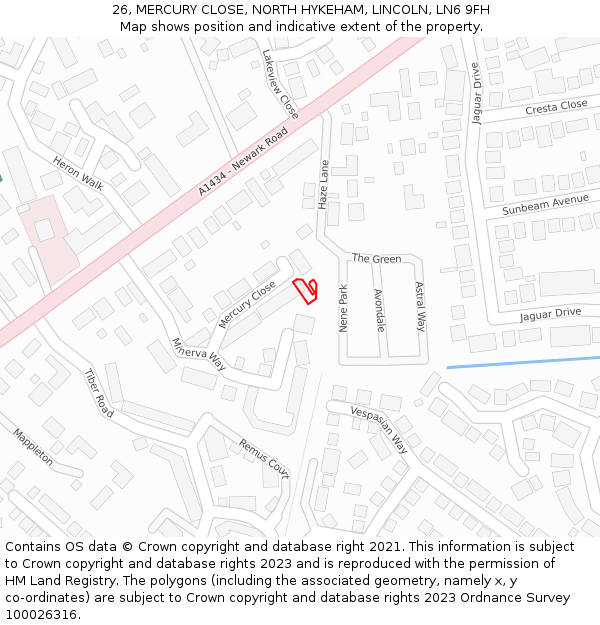 26, MERCURY CLOSE, NORTH HYKEHAM, LINCOLN, LN6 9FH: Location map and indicative extent of plot