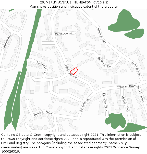 26, MERLIN AVENUE, NUNEATON, CV10 9JZ: Location map and indicative extent of plot