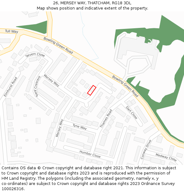 26, MERSEY WAY, THATCHAM, RG18 3DL: Location map and indicative extent of plot