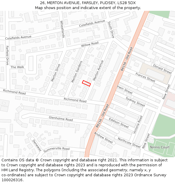 26, MERTON AVENUE, FARSLEY, PUDSEY, LS28 5DX: Location map and indicative extent of plot