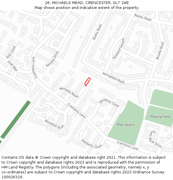 26, MICHAELS MEAD, CIRENCESTER, GL7 1WE: Location map and indicative extent of plot