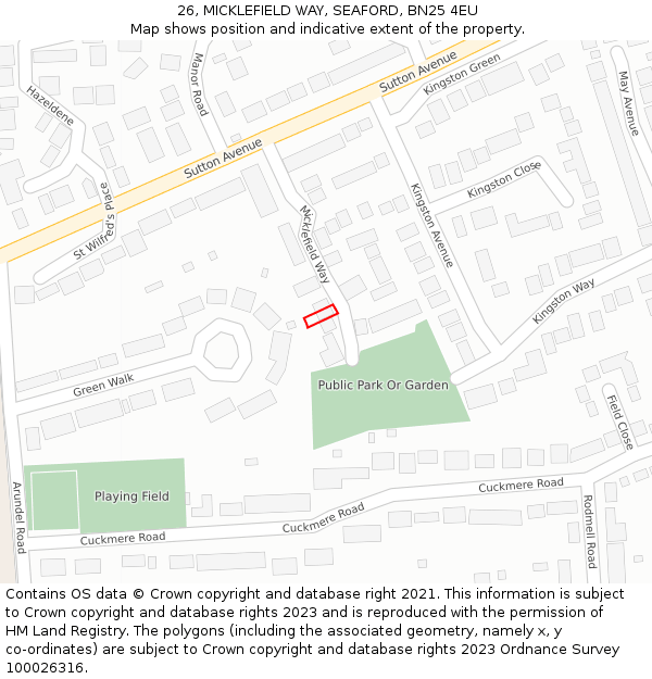 26, MICKLEFIELD WAY, SEAFORD, BN25 4EU: Location map and indicative extent of plot